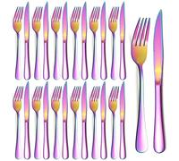 Evanda Rainbow Steak Knives Set 24 Piece Service for 12, Rainbow Titanium Plating Stainless Steel 12 Dinner Forks and 12 Dinner Knives, Dishwasher Safe