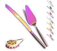 Evanda Wedding Cake Knife and Server Set, Brown Handle and Shiny Rainbow Head Cake Cutte Pie Server for Everyday, Wedding and Birthdays, Dishwasher Safe