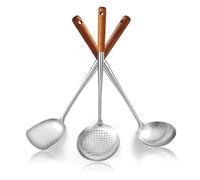 Evanda Wok Spatula Set 43cm, Heat Resistant Wood Handle Stainless Steel Wok Tools, Metal Spatula, Ladle, Kitchen Skimmer, Professional Kitchen Cooking Utensils Set, Wok Accessories Dishwasher Safe