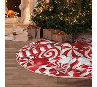 EVANEM 30" Christmas Tree Skirt Candy Canes Christmas Tree Decorations Linen Waterproof Xmas Tree Mat with Pom Pom Trim for Holiday Christmas Party Rustic Farmhouse Decorations