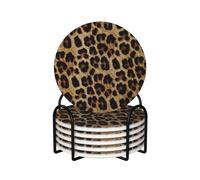 EVANEM Coasters for Drinks Ceramic Coaster Set of 6 Drink Coaster with Metal Holder Yellow leopard print Cup Coaster Cork Backing Stone Coaster for Wedding Home Decor