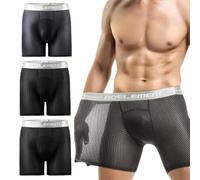 Evankin Men's Boxer Brief Underwear Hollowed out Mesh Ice Silk Sports Underpants Long Leg Boxer Shorts Running Fitness, Grey/2-black, XXL