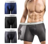 Evankin Men's Boxer Brief Underwear Hollowed out Mesh Ice Silk Sports Underpants Long Leg Boxer Shorts Running Fitness, Black/Blue/Grey, XXL