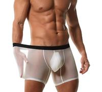 Evankin Men's Boxer Brief Underwear Ice Silk Mesh See Through Underpants Sports Extended Anti Crotch Shorts Running, White, L