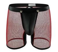 Evankin Men's See Through Sexy Mesh With Faux Leather Loose Shorts Pants Erotic Clubwear Button Removable Pouch, Leather Red, Medium