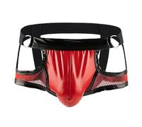 Evankin Men's See Through Sexy Mesh With Faux Leather Loose Shorts Pants Erotic Clubwear Button Removable Pouch, Jockstrap Red, XL
