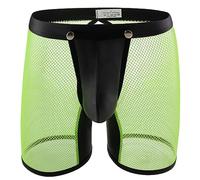 Evankin Men's See Through Sexy Mesh With Faux Leather Loose Shorts Pants Erotic Clubwear Button Removable Pouch, Leather Green, M