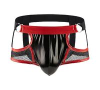Evankin Men's See Through Sexy Mesh With Faux Leather Loose Shorts Pants Erotic Clubwear Button Removable Pouch, Jockstrap Black, XL