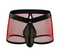 Evankin Men's See Through Sexy Mesh With Faux Leather Loose Shorts Pants Erotic Clubwear Button Removable Pouch, Boxer Briefs Red, L