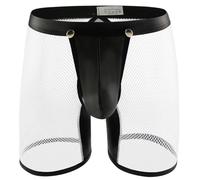 Evankin Men's See Through Sexy Mesh With Faux Leather Loose Shorts Pants Erotic Clubwear Button Removable Pouch, Leather White, Large