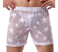 Evankin Mens Sexy Star Mesh Shorts See Through Fishnet Loose Shorts Sheer Lounge Underwear Boxer Trunks, White, L