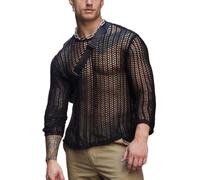 Evankin Men's T-Shirt Hollow Out Mesh Long Sleeve Tops See Through Underwear Knitted Sweater Loose Undershirt T-Shirt, Black, Medium