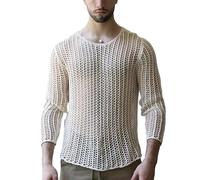Evankin Men's T-Shirt Hollow Out Mesh Long Sleeve Tops See Through Underwear Knitted Sweater Loose Undershirt T-Shirt, White, Medium