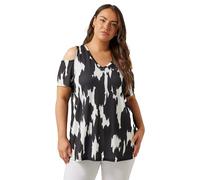 EVANS Curve Abstract Print Cold Shoulder Top - Women's - Plus Size Curve Black