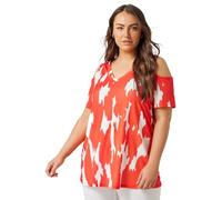 EVANS Curve Abstract Print Cold Shoulder Top - Women's - Plus Size Curve Orange