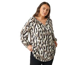 EVANS Curve Animal Print Long Sleeve Blouse - Women's - Plus Size Curve Brown