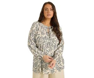 EVANS Curve Black & Leaf Print Tie Neck Blouse - Women's - Plus Size Curve