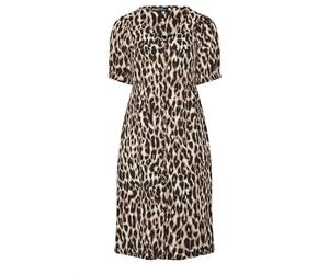 EVANS Curve Button Through Animal Print Midi Dress - Women's - Plus Size Curve Brown
