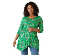 EVANS Curve Floral Print Hanky Hem Top - Women's - Plus Size Curve Green