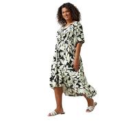 EVANS Curve Leaf Print Dipped Hem Midi Dress - Women's - Plus Size Curve Black