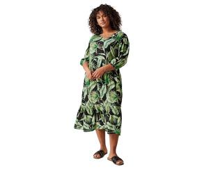 EVANS Curve Palm Print Tiered Midi Dress - Women's - Plus Size Curve Green