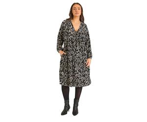 EVANS Curve Women's Plus Size Abstract Print Puff Sleeve Dress Black