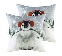 Evans Lichfield Snowy Penguin with Earmuffs Polyester Filled Cushions (Twin Pack), Multi, 43 x 43cm