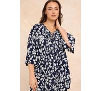 EVANS Curve Blue Floral Tie Neck Crinkle Blouse - Women's - Plus Size Curve