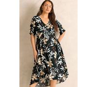 Evans Women's Leaf Print Dipped Hem Dress in Black | Size: 16 Evans Black 16