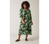 EVANS Curve Palm Print Tiered Midi Dress - Women's - Plus Size Curve Green