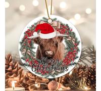 Evans1nism Christmas Porcelain Ornament Highland Cow Santa Hat Round Keepsake Red Floral Wreath Double-Sided Printing Funny Cow Winter Holiday Christmas Decoration Gift for Parents Friend 3.2 Inch
