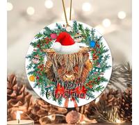 Evans1nism Christmas Porcelain Ornament Highland Cow Santa Hat Round Keepsake Red Floral Wreath Double-Sided Printing Cow Christmas Decor Housewarming Gifts Xmas Couple Home Lover 3.2 Inch