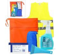 EVAQ8 Car Winter Essentials Pack - De-icer Spray, Ice Scraper, Demister Sponge, Foil Blanket & High-Visibility Vest in Bright Orange Bag