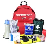 EVAQ8 Emergency Grab Bag for Business - Fully Stocked Red Rucksack for Workplace Evacuation with First Aid, Blankets, Hi-Viz, Lights & Safety Gear