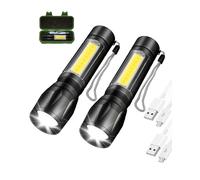 EvaStary Rechargeable Torch, 3 Lighting Modes Adjustable Focus LED Flashlight, Waterproof Lightweight Pocket Size Torch for Power Cuts, Emergency, Camping, Hiking, Outdoor, 2 Packs