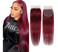 Evaxilc 4x4 Lace Front Closure 150% Density Brazilian Virgin Human Hair Extensions #99J Red Burgundy Straight No Smell No Tangles Glueless Top Lace Closure Real Hair Human Hair 28 Inches