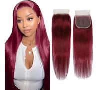 Evaxilc #99J Red Burgundy 4x4 Lace Closure 8A Grade Straight Top Lace Closure 100% Unprocessed Brazilian Virgin Real Hair Human Hair Extension Pre Plucked Natural Hairline for Women 18 Inches