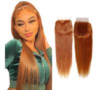 Evaxilc Orange Brown #30 Lace Closure 100% Unprocessed Brazilian Remy Human Hair Straight 150% Density 4x4 Free Part HD Transparent Lace Front Real Hair Extensions No Weft Knotless Baby Hair 16 Inches