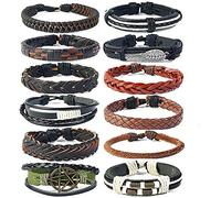 EVBEA 12PCS Mens Bracelets Braided Leather Wristband Punk Rope Cuff Vintage Wrap Set Adjustable Trendy Multilayer Bracelets for Boys
