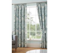 'Eve' 100% Cotton Floral Pair of Pencil Pleat Curtains With Tie-Backs Dreams & Drapes Duck Egg Blue 117cm width x 183cm drop