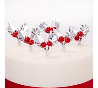 evelay 6 Christmas Cake Toppers Silver Red Holly Cupcake Yule Log Decorations (Pack of 6, Green)