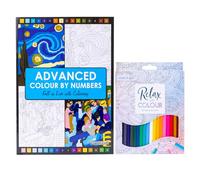 evelay Advanced Adult Colouring Book with 20 Colouring Pencils A4 Colour by Numbers Masterpieces Art Set Gift