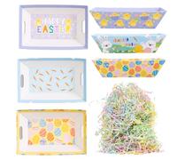 evelay Easter Gift Trays Set of 3 with Pastel Shredding, Happy Easter Hamper Basket Kit, Paper, 24.5cm x 16cm x 6.5cm, Printed Both Sides