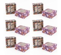 evelay Halloween Cupcake Boxes - Holds 4 Standard Cupcakes - Mixed Spooky Designs with Window & Inserts for Treats, Sweets and Chocolates (Pack of 12)