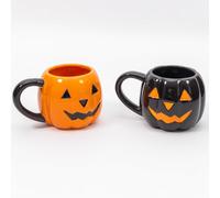 evelay Set of 2 Pumpkin Mugs - Black & Orange Ceramic Halloween Cups | Festive Pumpkin-Shaped Mugs for Hot or Cold Drinks | Durable Ceramic Coffee Cups for Autumn & Spooky Season