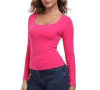 EVELIFE Long Sleeve Tops for Women Scoop Neck T-Shirt Soft Solid Stretch Fitted Undershirt Ladies Lightweight Basic Thermal (Pink,L)