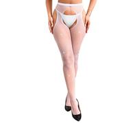 EVELIFE Stockings for Women Shiny Fishnet Stockings Rhinestone Decor High Waist Tights With Diamond Studded Jumpsuit(One Size,White)