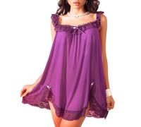 EVELIFE Women Babydoll Sexy Lingerie Nightwear Sweet & Sexy Lace Ruffle Hem Sleepwear Lingerie Dress with Bow & Floral Decor Loose Pajama (Dark purple, S)