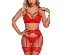 EVELIFE Women Lingerie Set with Garter Belt 4 Pieces Bra and Panty Sets High Waisted Suspenders Underwear No Stockings (Red,XXL)