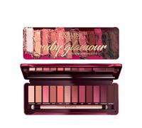 Eveline Cosmetics Ruby Glamour 12-Color Eyeshadow Palette - Inspired by Nature's Gemstones, 7 Matte & 5 Metallic Shades with Dual-Ended Brush for Unlimited Makeup Looks
